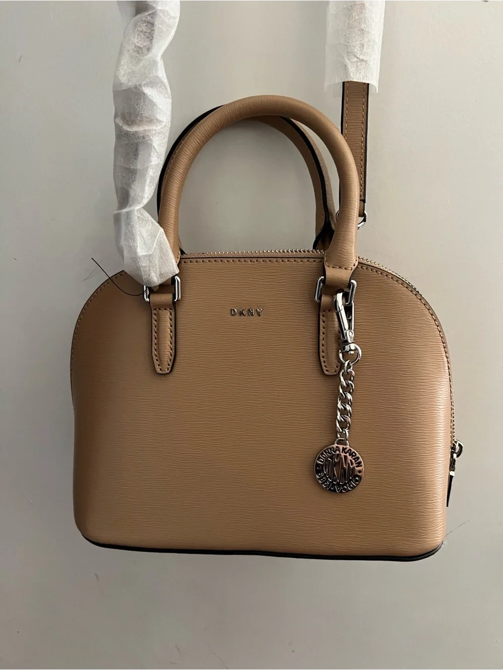 DKNY Beige Dome Satchel with Logo Charm